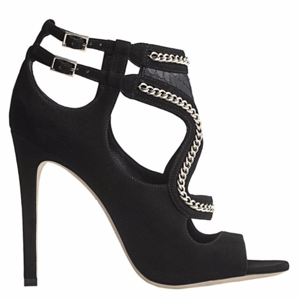 Brian Atwood Lollita cage strap peep toe cutout chain gladiator stiletto heel
